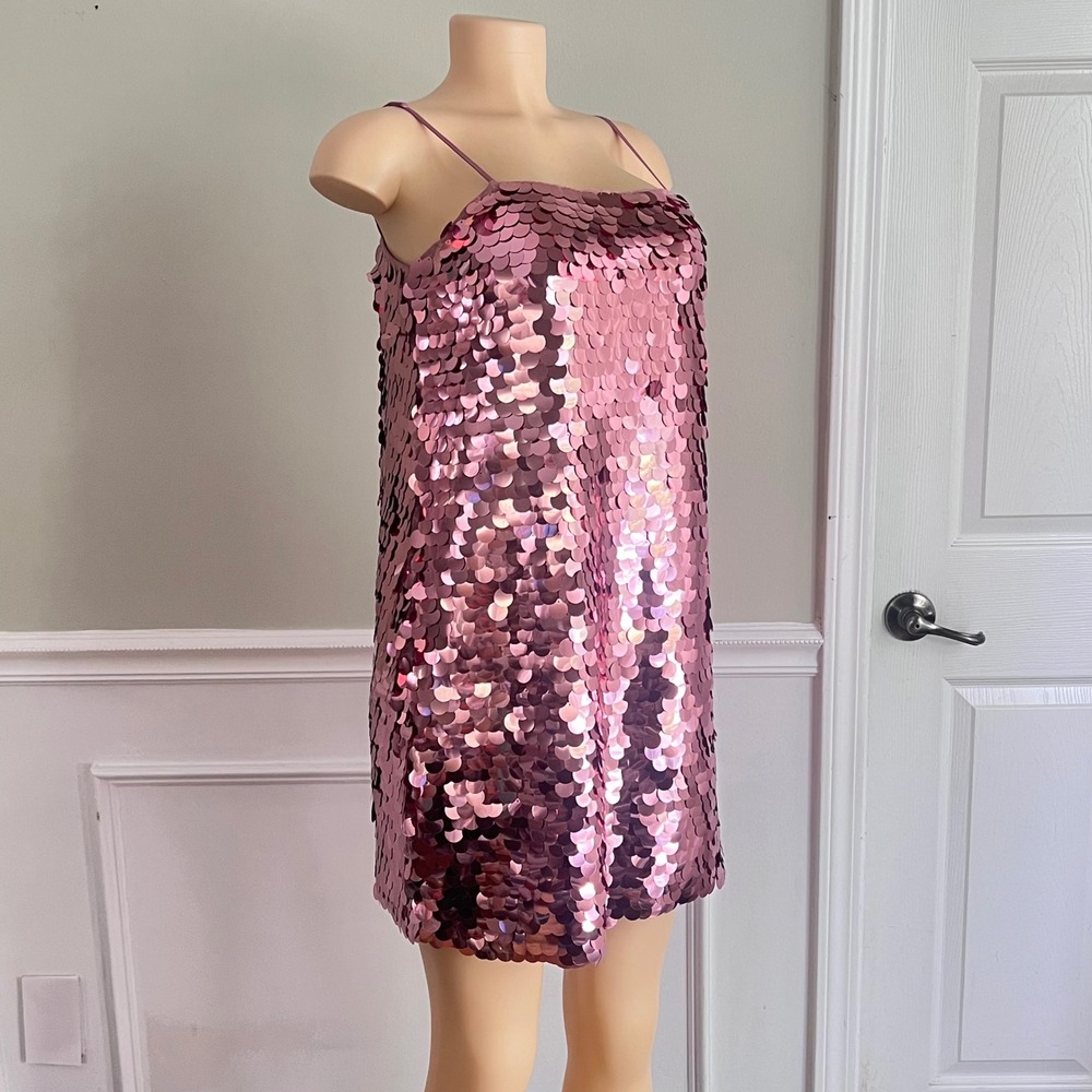 Sequin Mini Dress Womens M Large Disc Paillette Pink Disco Party Glam - Picture 2 of 9